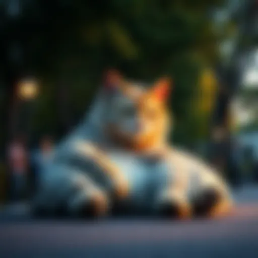 A giant, friendly cat lounging in a park while people gather around to pet it and take pictures.
