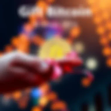 A hand giving a Bitcoin coin as a gift with a decorative ribbon.