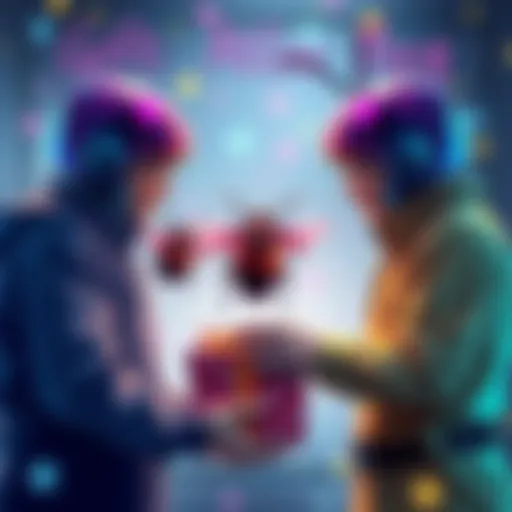 An illustration showing colorful Atlas Bugs being exchanged between friends, symbolizing support and friendship.