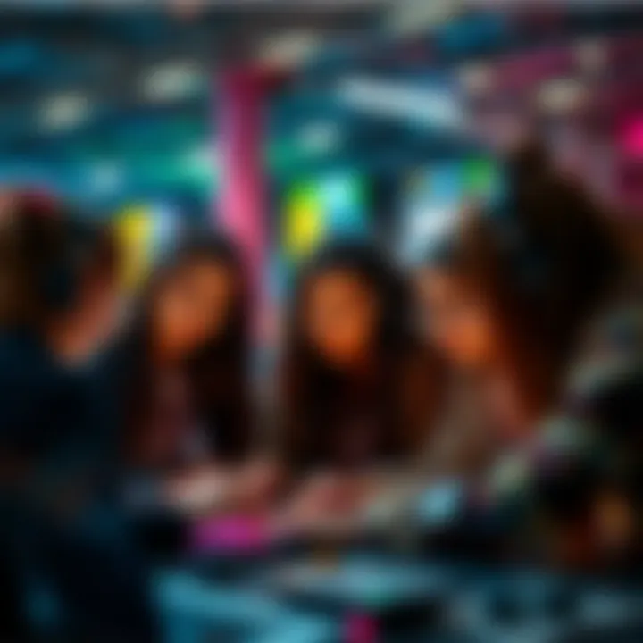 A group of girls discussing a hackathon project, focused on coding and teamwork