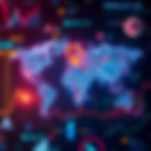 A visual representation of the world map with economic symbols and graphs showing trends.