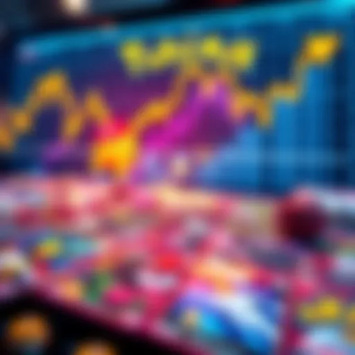A vibrant display of Pokémon trading cards with a financial graph in the background showing rising profits