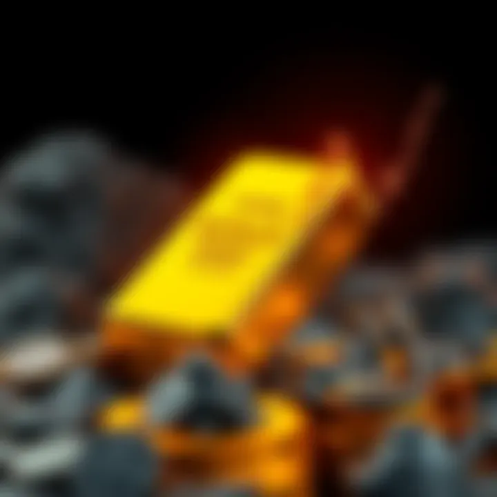 A gold bar with a graph showing an upward trend representing gold prices rising towards $5,000, contrasting with Bitcoin's struggles.