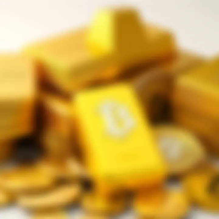 A stack of gold bars next to various cryptocurrency coins, illustrating the connection between Tether's currency and gold reserves.