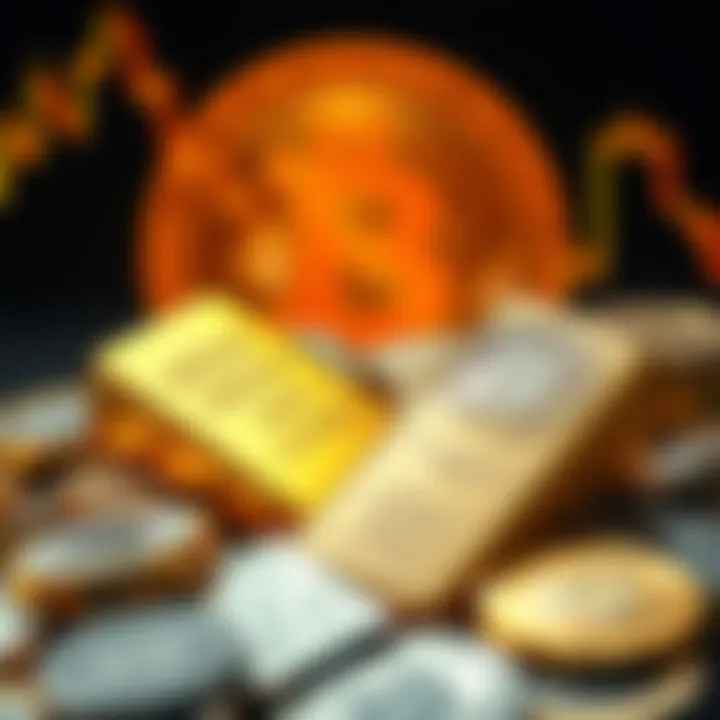 Gold bars and silver coins with price tags showing record highs, while a Bitcoin symbol appears faded in the background.