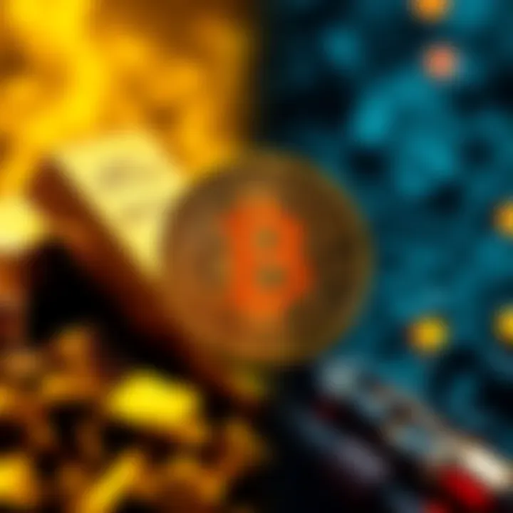 A visual representation contrasting gold and Bitcoin, showcasing gold bars on one side and a Bitcoin symbol on the other, with a background hinting at war and conflict.