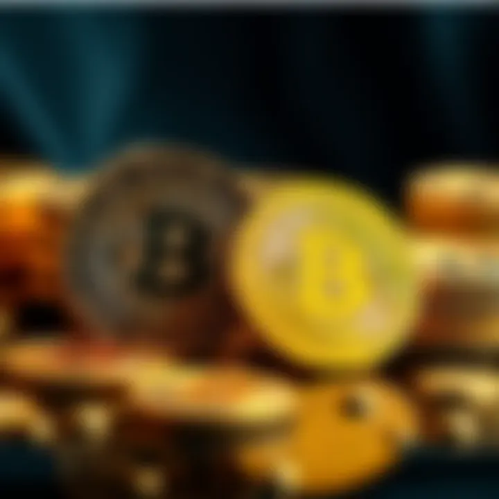 Gold and Bitcoin Investment Choices A comparison of gold coins and a Bitcoin symbol, representing investment options for 2025.