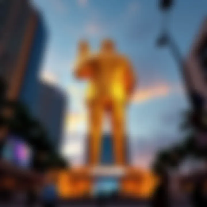 A large golden statue of Donald Trump built by crypto fans stands tall in Miami, showcasing a blend of cryptocurrency culture and political events.