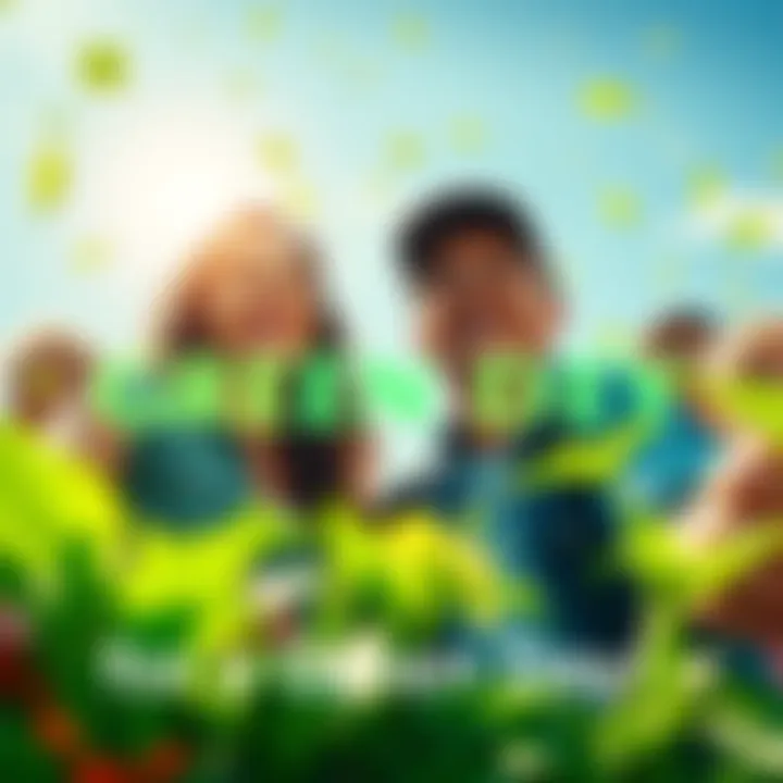 A cheerful scene with bright green elements, people smiling and enjoying positive energy on a sunny day, symbolizing good luck and success for the day ahead.