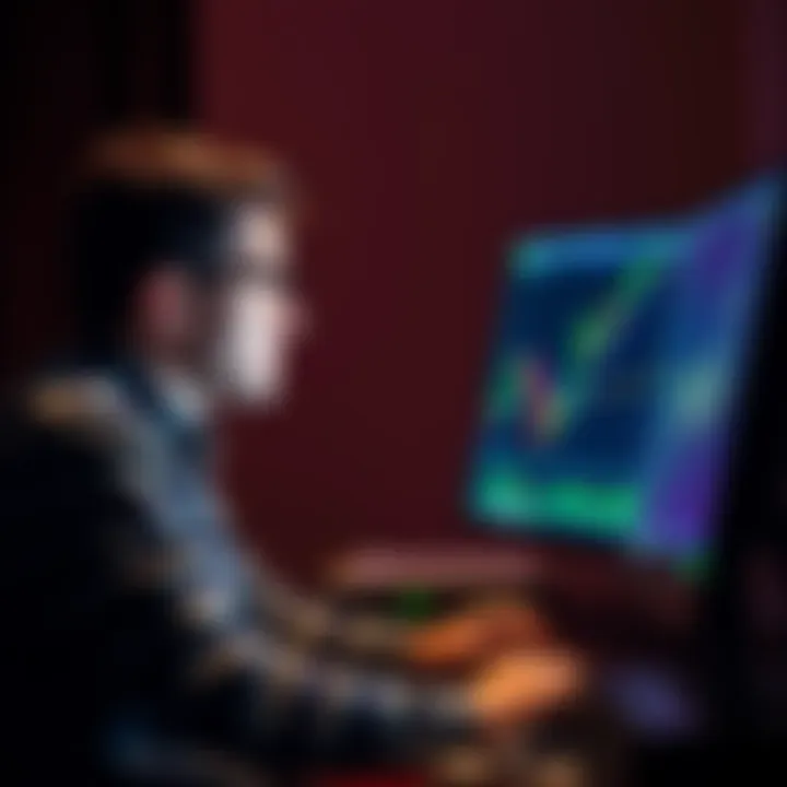 Michele Spagnuolo sits at a computer with stock charts on the screen, looking concerned about his insider trading charges.
