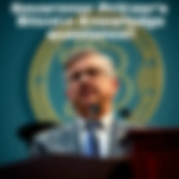 Governor Pritzker's Bitcoin Knowledge Questioned Illinois Governor J.B. Pritzker speaking at a podium with a Bitcoin symbol in the background, expressing concerns over financial trends