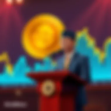 Government Statement on Bitcoin A government official stands at a podium, announcing Bitcoin as a scam, while a graph shows a declining currency value behind them.