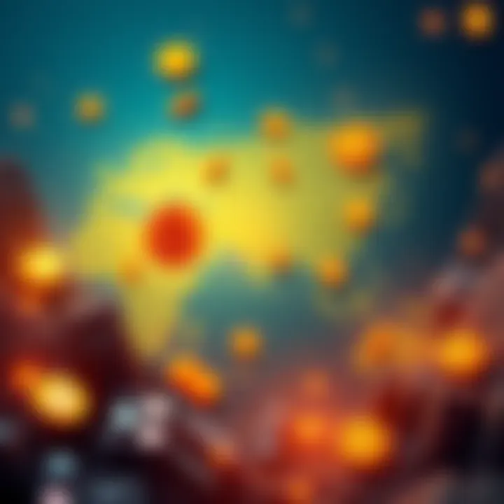 Illustration of a map showing 13 countries involved in Bitcoin mining with currency symbols and mining equipment