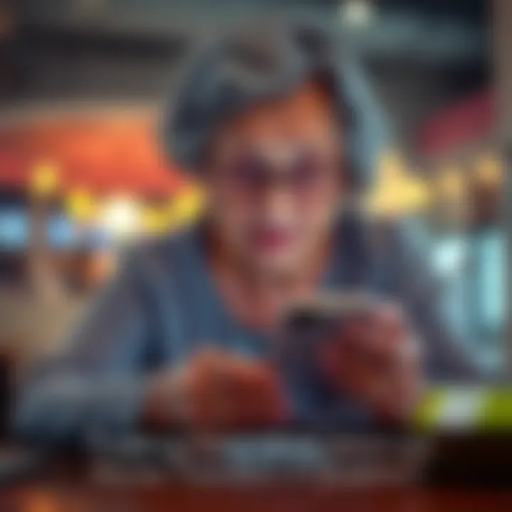 An elderly woman sitting at a table, focused on her smartphone while attempting to send money. She looks curious and slightly concerned about the process.