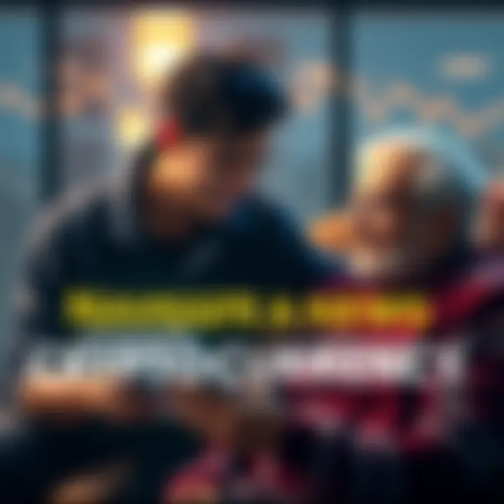 A young person helping their grandparent understand cryptocurrency investments, with visuals of a Coinbase wallet and BNB transactions.