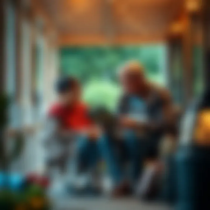 A grandparent sitting on a porch, sharing life stories with a curious grandchild, surrounded by family photos