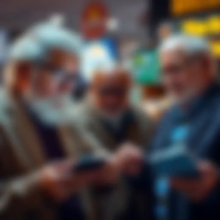 Elderly men learning about Bitcoin and cryptocurrency on their devices, looking engaged and curious.