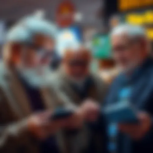 Grandpas Embracing Bitcoin Elderly men learning about Bitcoin and cryptocurrency on their devices, looking engaged and curious.