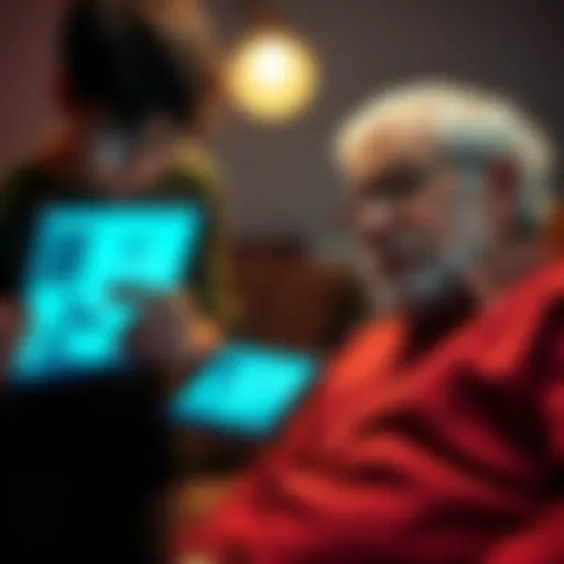 A young man showing fake images of financial success to an elderly man, while hiding a significant investment loss.