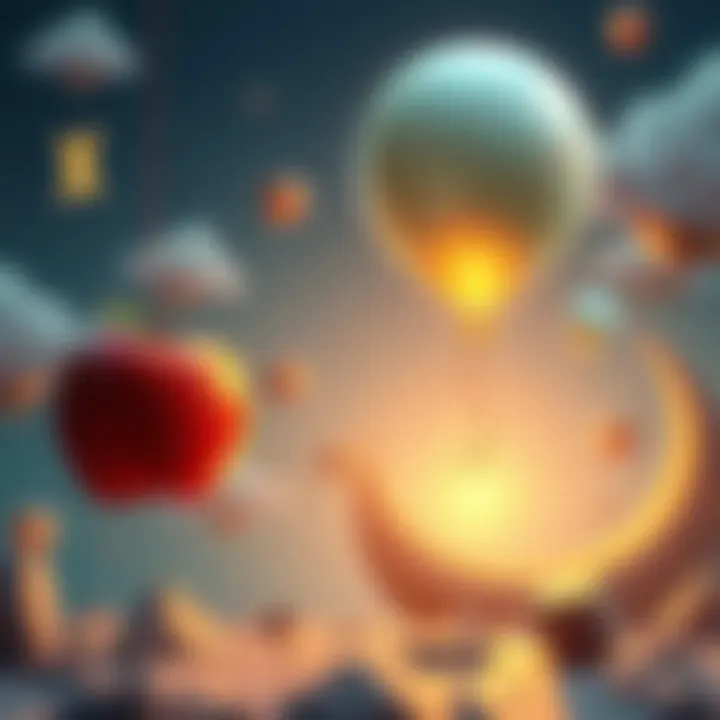 Gravity Effects on Objects An illustration of various objects being influenced by gravity, including a falling apple and a floating balloon, showing the contrast of forces.