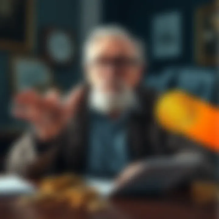 Great Grandfather Discusses Bitcoin An elderly man with glasses sitting at a table, expressing his thoughts on Bitcoin, surrounded by coins and papers.