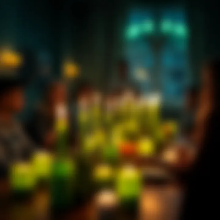 A group of green candles emitting a warm light on a table, creating a cozy atmosphere while people discuss around them.