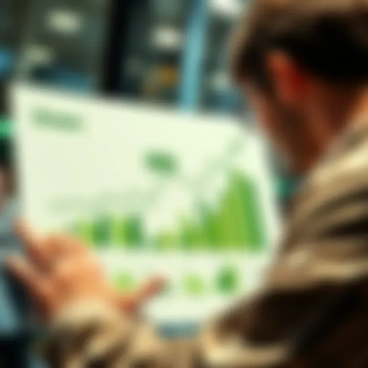 A person reviewing a chart with green eco-friendly investment options and growth symbols.