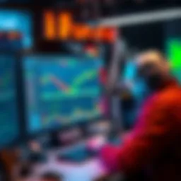 Grid Trading Strategies A trader monitoring dynamic grid bot strategies on a computer screen, adjusting parameters to adapt to market volatility.