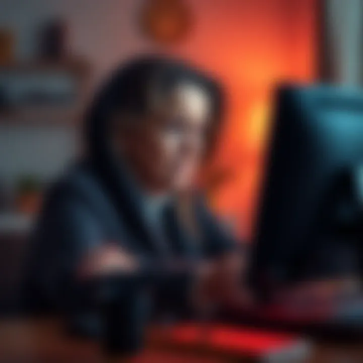 A widow looking stressed while trying to access her late husband's crypto accounts on a computer