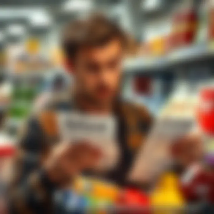 Grocery Store Refunds Puzzle Shoppers A perplexed shopper reviewing a grocery receipt with a refund notice in hand, surrounded by grocery items