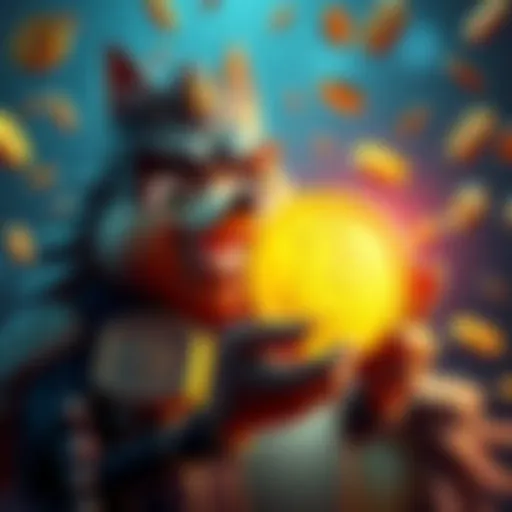 Grok Celebrates Dogecoin Grok character smiling while holding a Dogecoin symbol, surrounded by digital coins