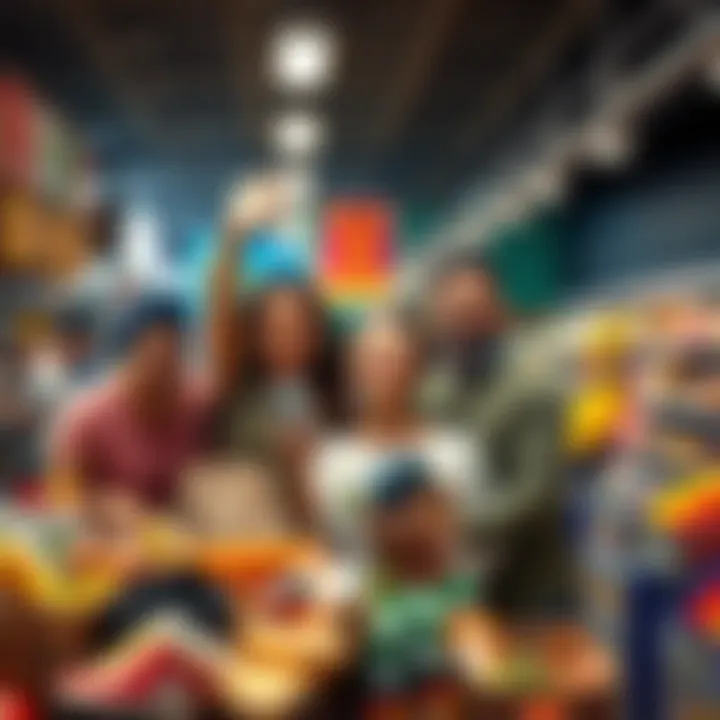 Group Buying Savings Transformation A visual representation of diverse individuals joyfully collaborating in a marketplace setting, showcasing various products like groceries and electronics, symbolizing community and shared savings through bulk purchasing.