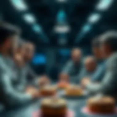 A group of people engaged in a lively discussion about Ethereum and cryptocurrency, with donuts on a table nearby, symbolizing collaboration and community. 