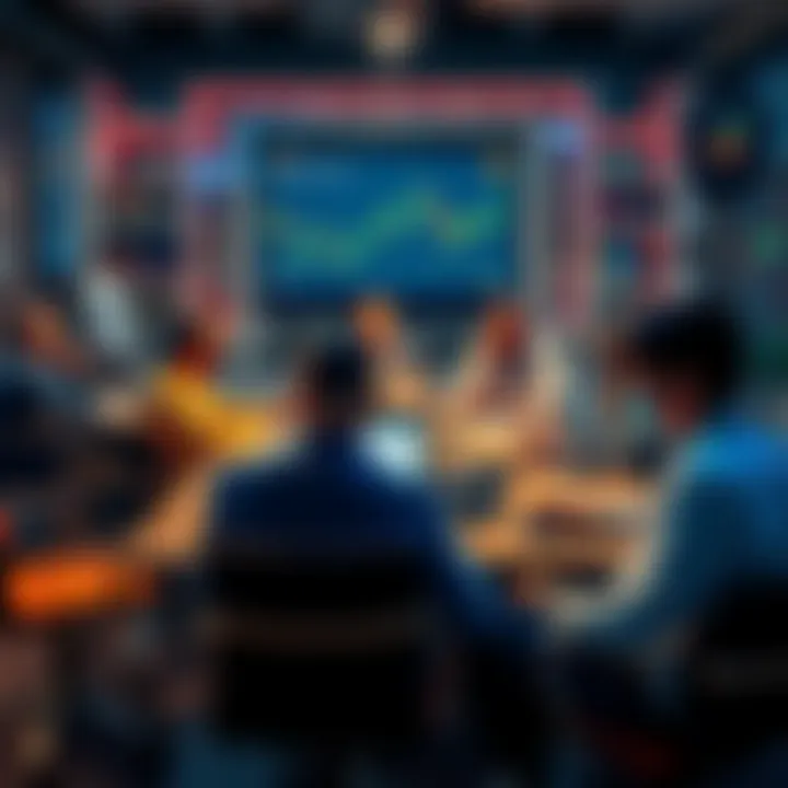 A group of people engaged in a lively discussion about trading strategies and market trends at a table with laptops and charts.
