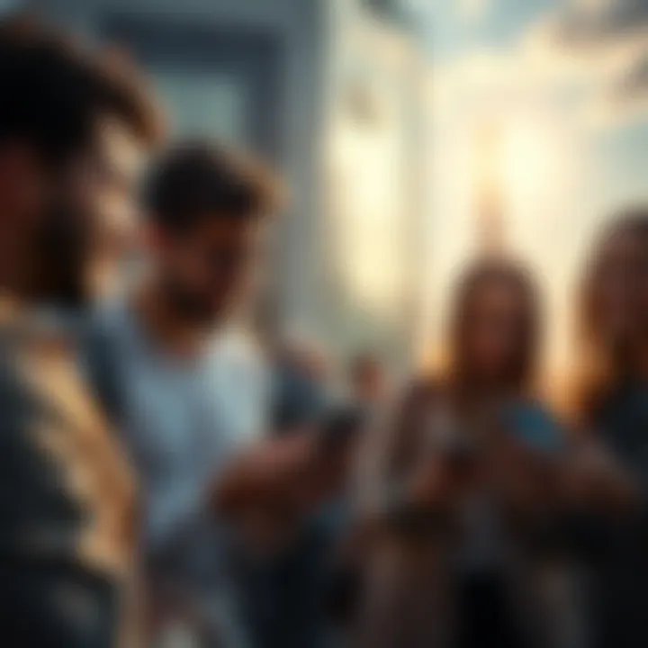 Group using Revolut's Shared Pocket app overseas A group of friends using Revolut's Shared Pocket feature on their phones while traveling abroad, discussing expenses in foreign currency payments.