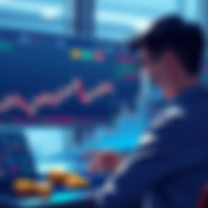 Illustration of a person analyzing trading charts and cryptocurrency coins on a digital screen