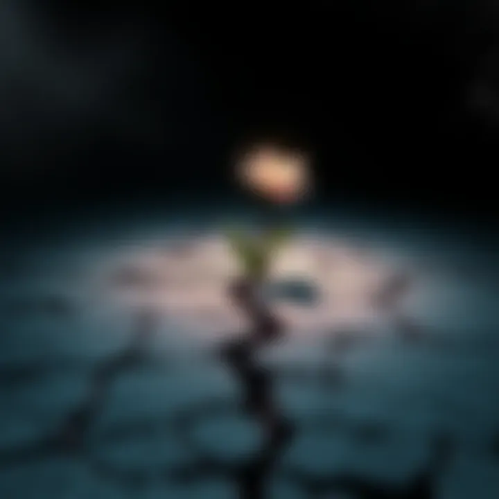 Embracing Pain as a Teacher A symbolic representation of growth through pain, featuring a cracked path leading to a blooming flower amidst darkness.