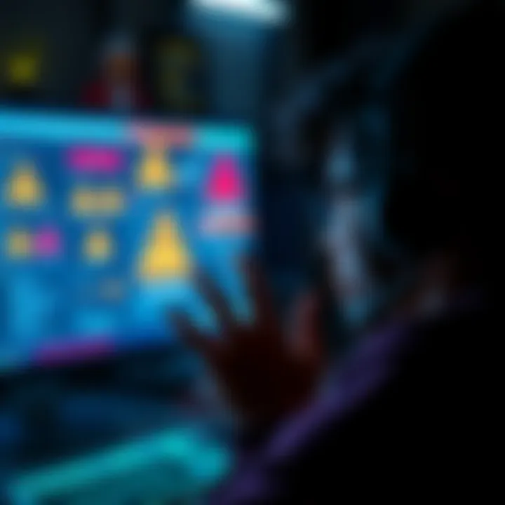 A person looking at a computer screen displaying warning signs related to hacking incidents, symbolizing confusion and concern about data security.