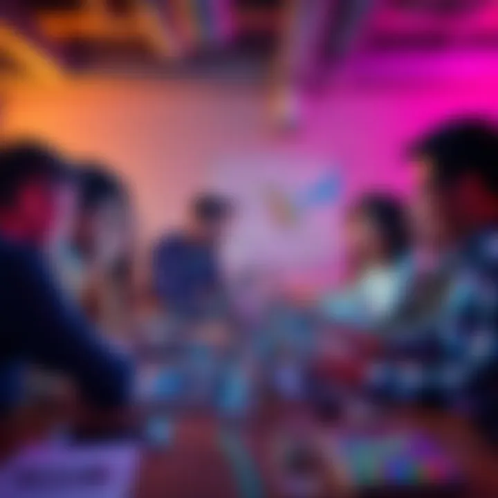 A diverse group of people collaborating on a project during a hackathon, surrounded by laptops and brainstorming notes.