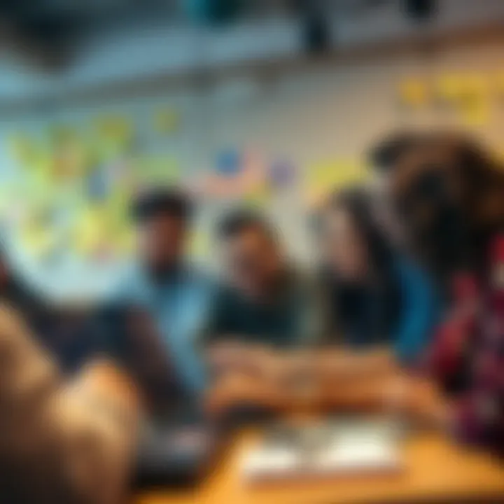 A diverse team working together on laptops at a hackathon, discussing ideas and coding, with sticky notes on a wall in the background