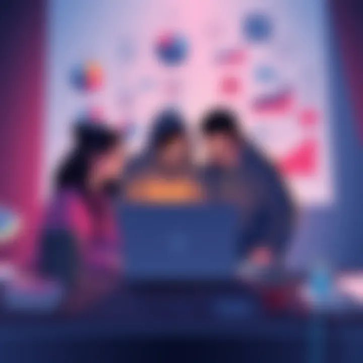 Illustration of teamwork and growth through hackathons, depicting individuals collaborating over a laptop with expressive ideas and charts around them.