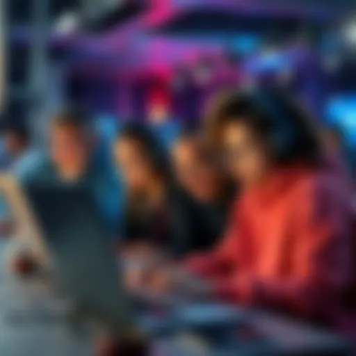 A diverse group of tech enthusiasts working together on laptops during a hackathon event, sharing ideas and coding solutions.