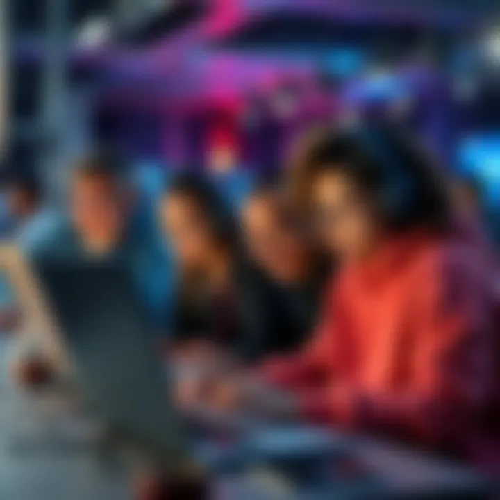 A diverse group of tech enthusiasts working together on laptops during a hackathon event, sharing ideas and coding solutions.