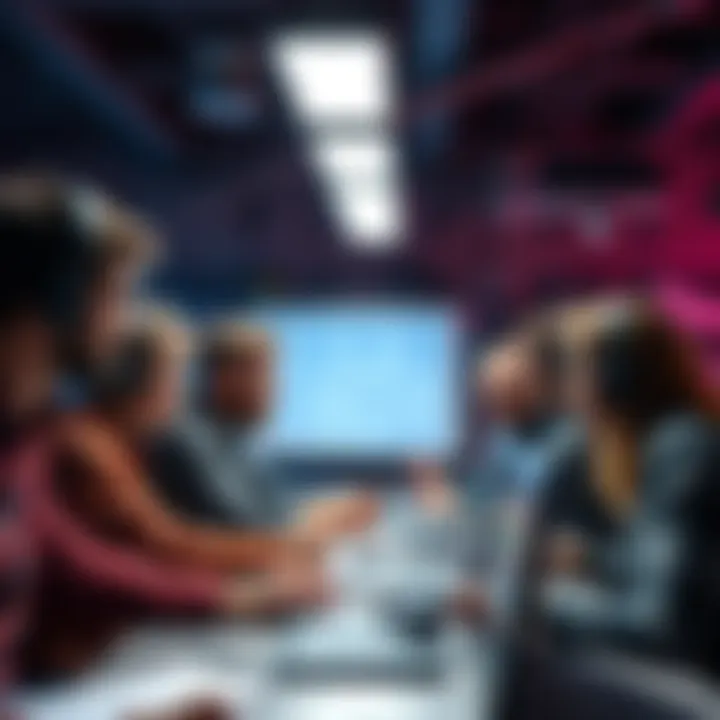 A group of people collaborating at a hackathon, surrounded by computers and brainstorming ideas on a whiteboard.