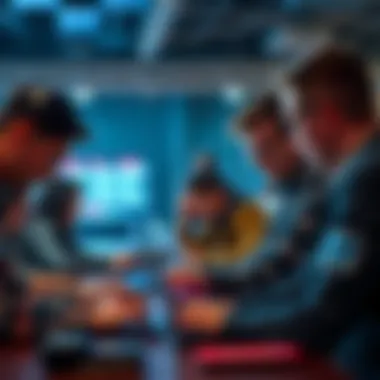 A diverse group of participants working together at a hackathon, discussing ideas and coding on laptops with determination.