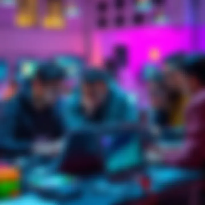 A group of people working together at a hackathon event, focused on their laptops with coding materials around them