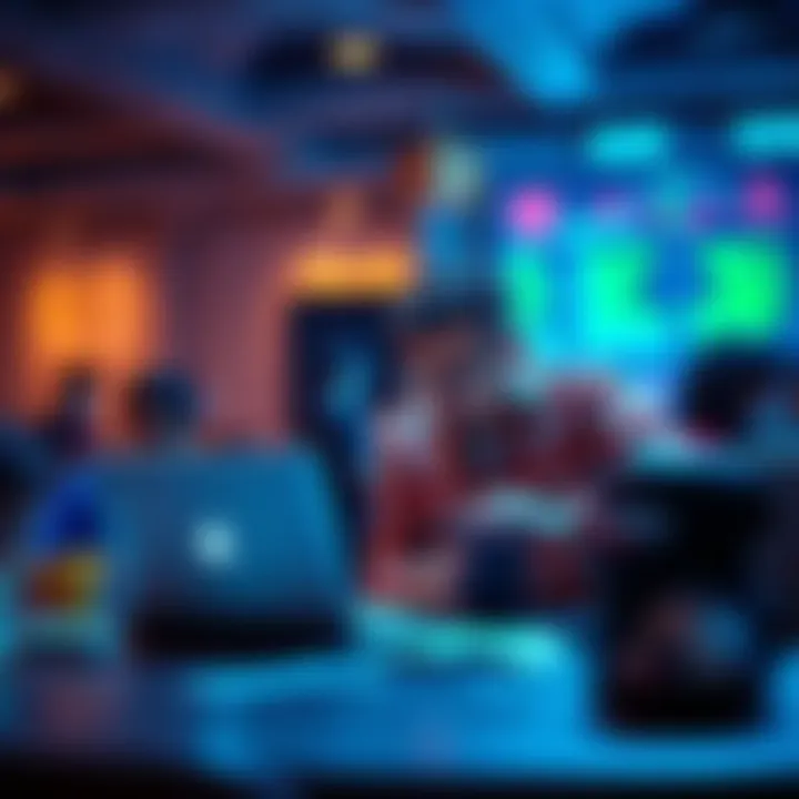 Hackathon Team in Greater Noida Two people discussing ideas while working on laptops at a hackathon event in Greater Noida