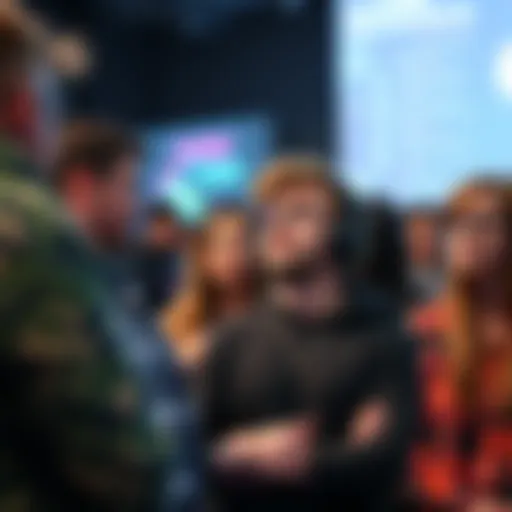A group of people presenting a project at a hackathon, looking tense and surprised after feedback.