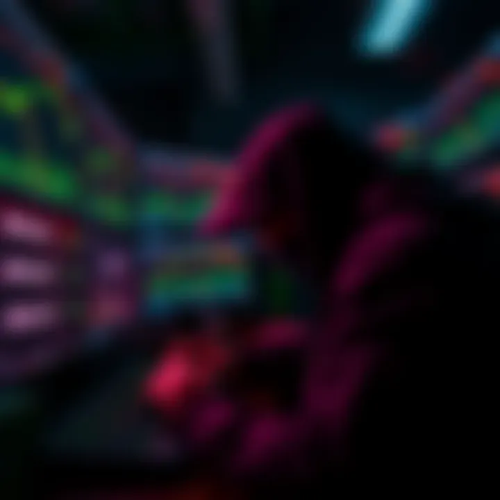 A hacker in a dark room surrounded by computer screens displaying cryptocurrency charts, illustrating the creation of fake USR stablecoins