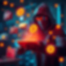 A hacker sending stolen Bitcoin to various wallets represented by interconnected graphics